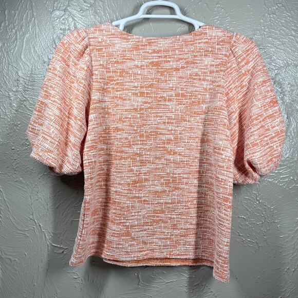 NWT Melloday Orange White Puff Sleeve Shoulder Button Woven Top Womens Sz Medium - Picture 4 of 5
